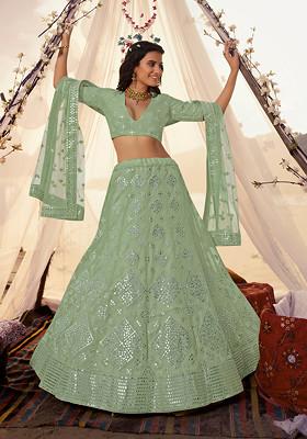 Green Thread Embroidered Organza Lehenga Set