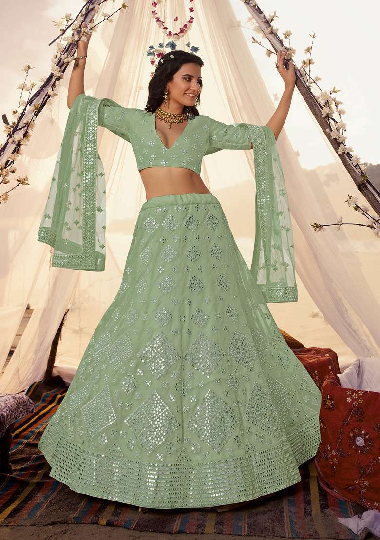 Green Thread Organza Lehenga Set with Embroidered for Diwali | Wedding & Festive Wear - Indya