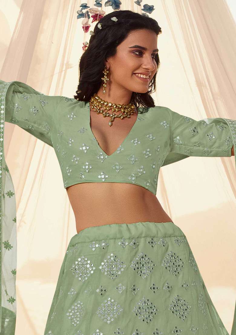 Green Thread Organza Lehenga Set with Embroidered for Diwali | Wedding & Festive Wear - Indya