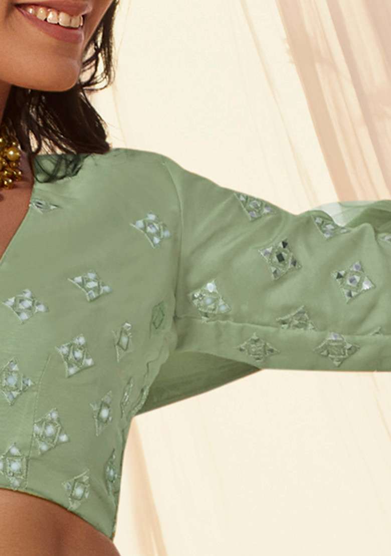 Green Thread Organza Lehenga Set with Embroidered for Diwali | Wedding & Festive Wear - Indya