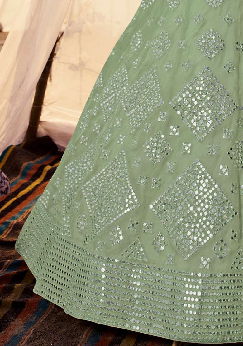 Green Thread Organza Lehenga Set with Embroidered for Diwali | Wedding & Festive Wear - Indya