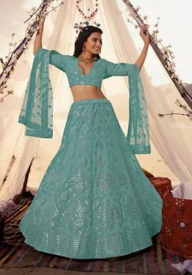 Turquoise Blue Thread Embroidered Organza Lehenga Set