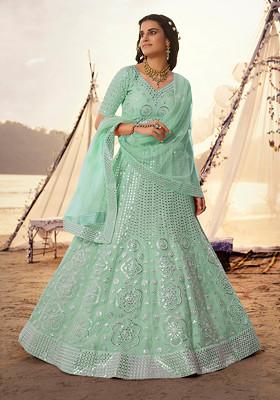 Turquoise Blue Thread Embroidered Organza Lehenga Set