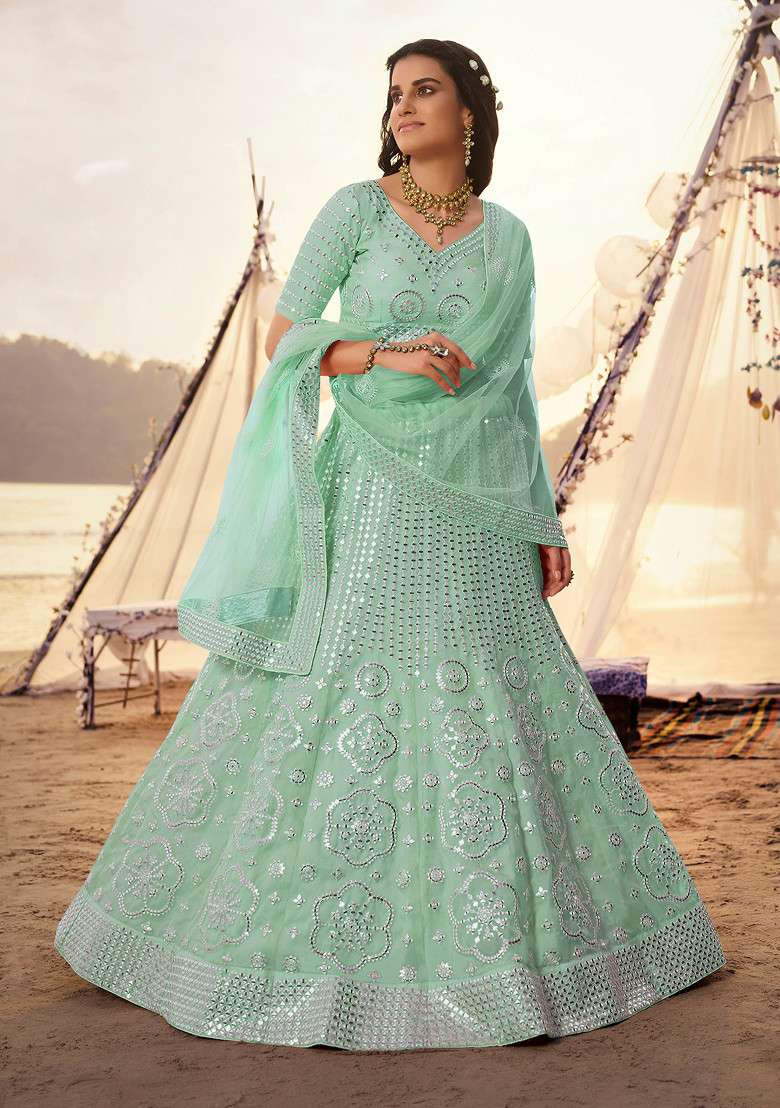 Turquoise Blue Thread Organza Lehenga Set with Embroidered for Diwali | Wedding & Festive Wear - Indya