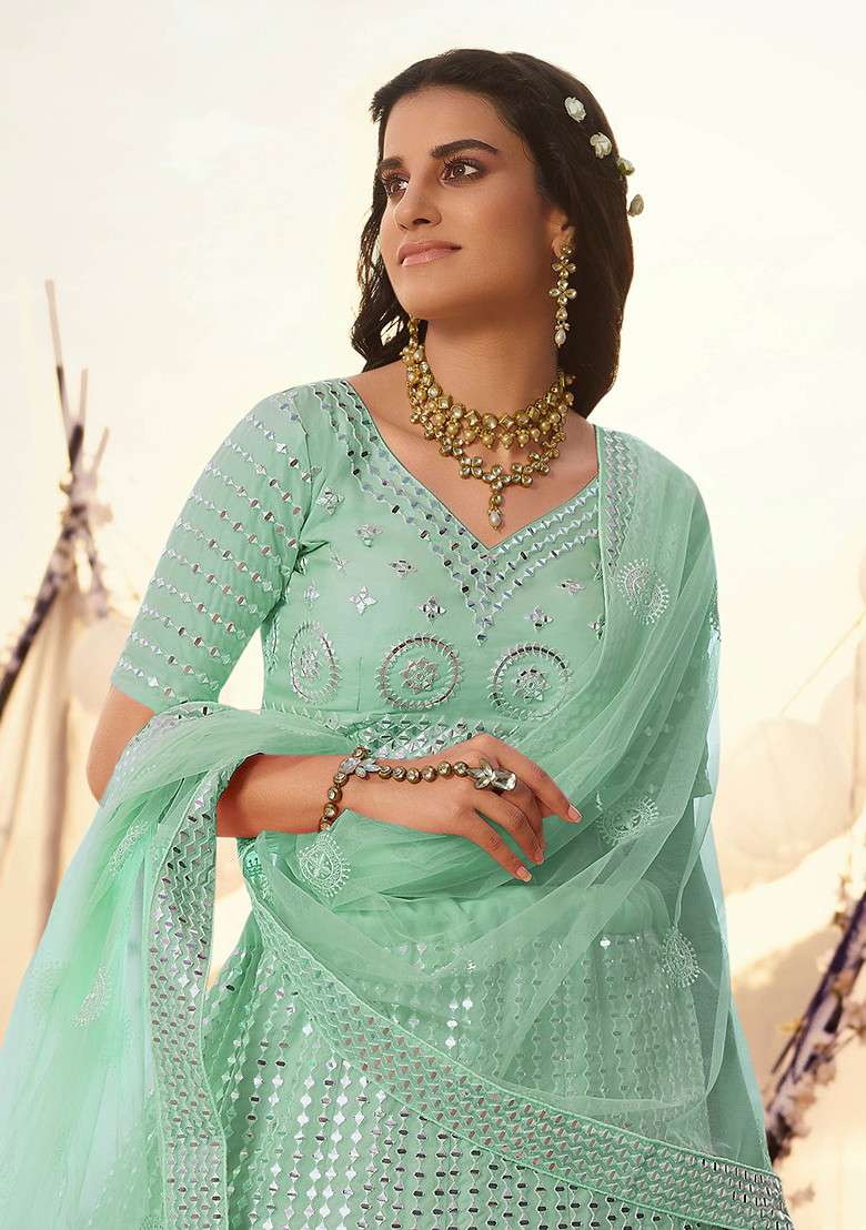 Turquoise Blue Thread Organza Lehenga Set with Embroidered for Diwali | Wedding & Festive Wear - Indya