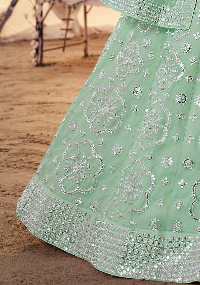 Turquoise Blue Thread Organza Lehenga Set with Embroidered for Diwali | Wedding & Festive Wear - Indya