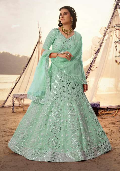 Turquoise Blue Thread Organza Lehenga Set with Embroidered for Diwali | Wedding & Festive Wear