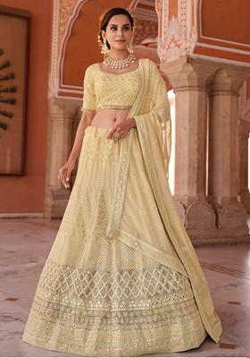 Off White Thread Embroidered Crepe Lehenga Set