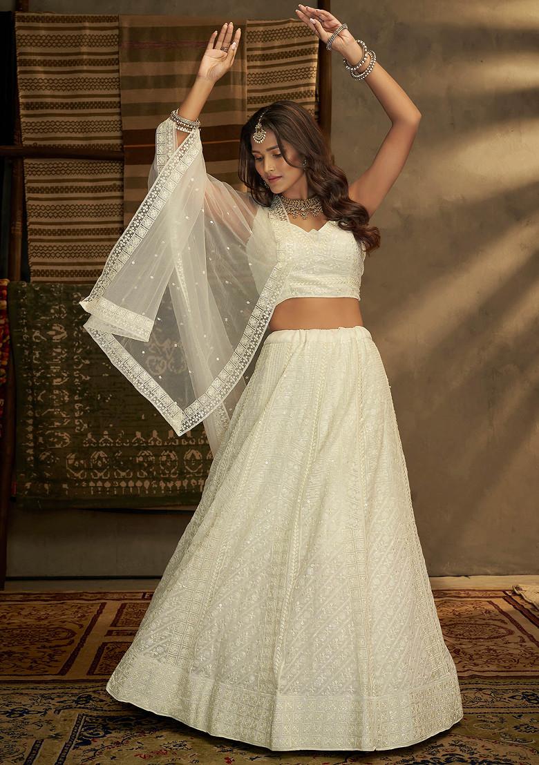 White Thread Embroidered Georgette Lehenga Set