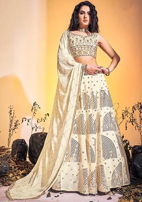 Off White Sequin Embroidered Georgette Lehenga Set