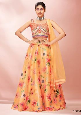 Multicolour Printed Soft Net Lehenga Set