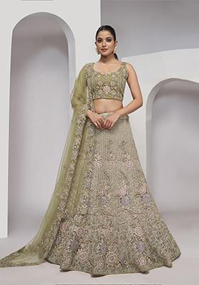Olive Zari Embroidered Soft Net Lehenga Set