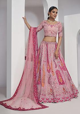 Pink Thread Embroidered Soft Net Lehenga Set