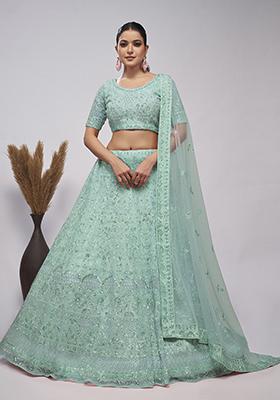 Mint Green Stone Embroidered Zari Silk Lehenga Set