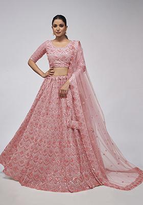 Coral Pink Sequin Embroidered Soft Net Lehenga Set