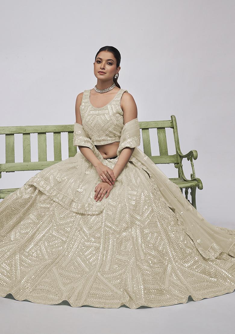 Ivory Sequin Embroidered Soft Net Lehenga Set