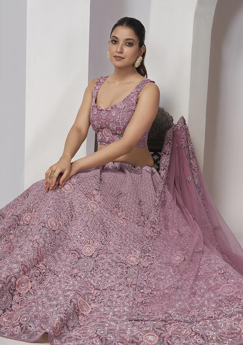 Lavender Zari Embroidered Soft Net Lehenga Set