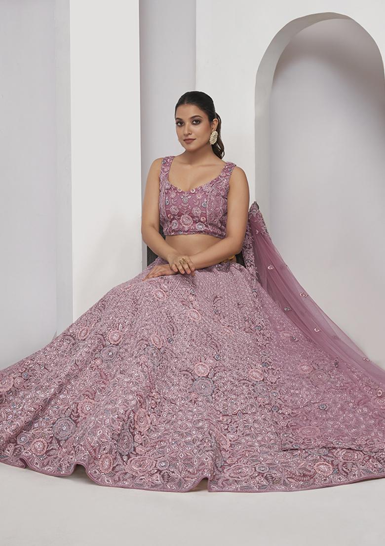 Lavender Zari Embroidered Soft Net Lehenga Set