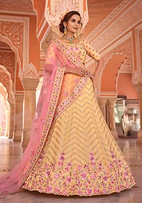 Yellow Thread Embroidered Crepe Lehenga Set