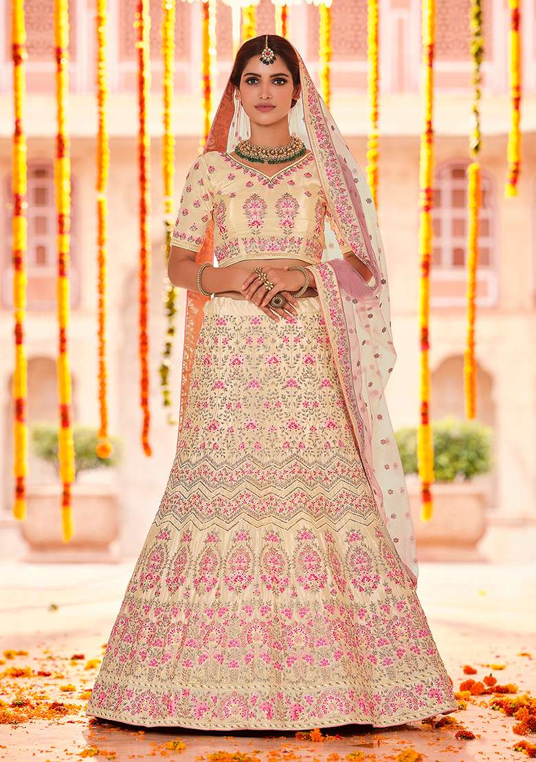 Yellow Thread Embroidered Art Silk Lehenga Set - Indya