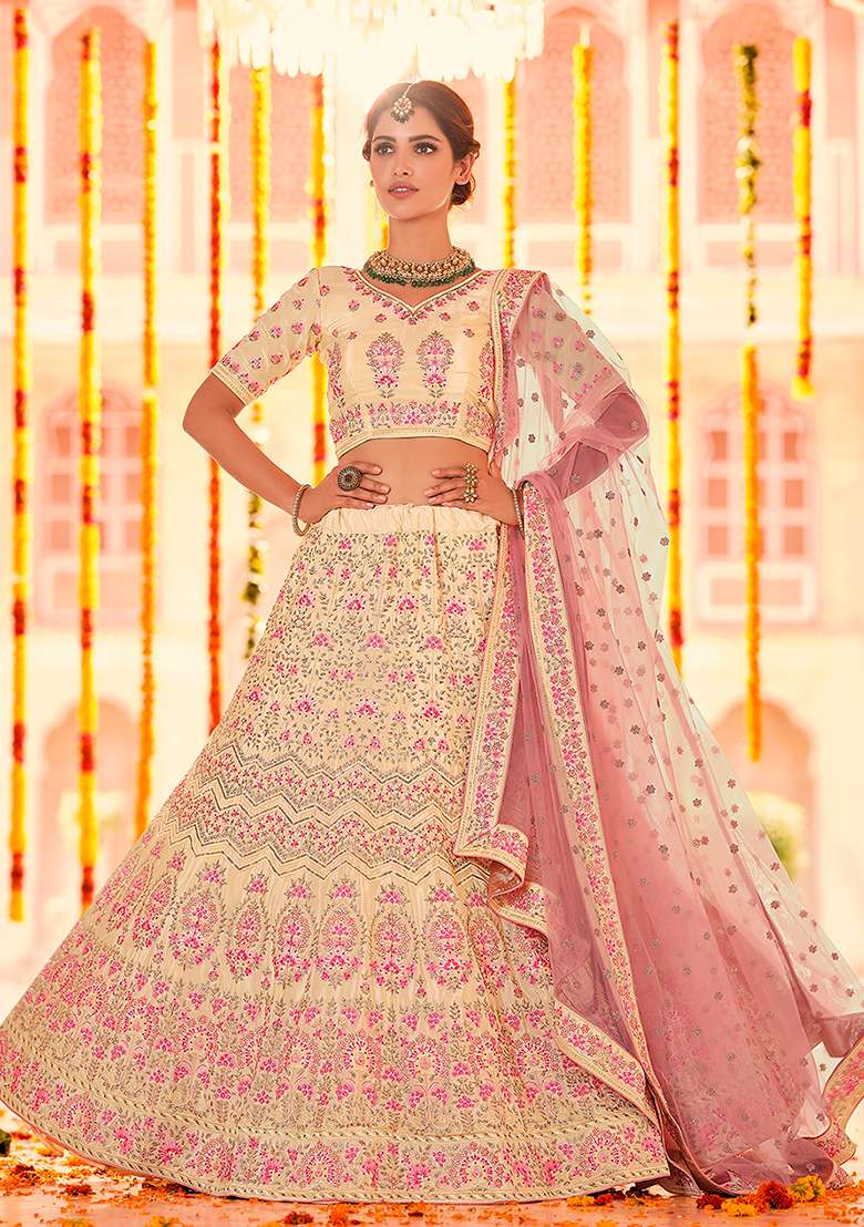 Yellow Thread Embroidered Art Silk Lehenga Set - Indya