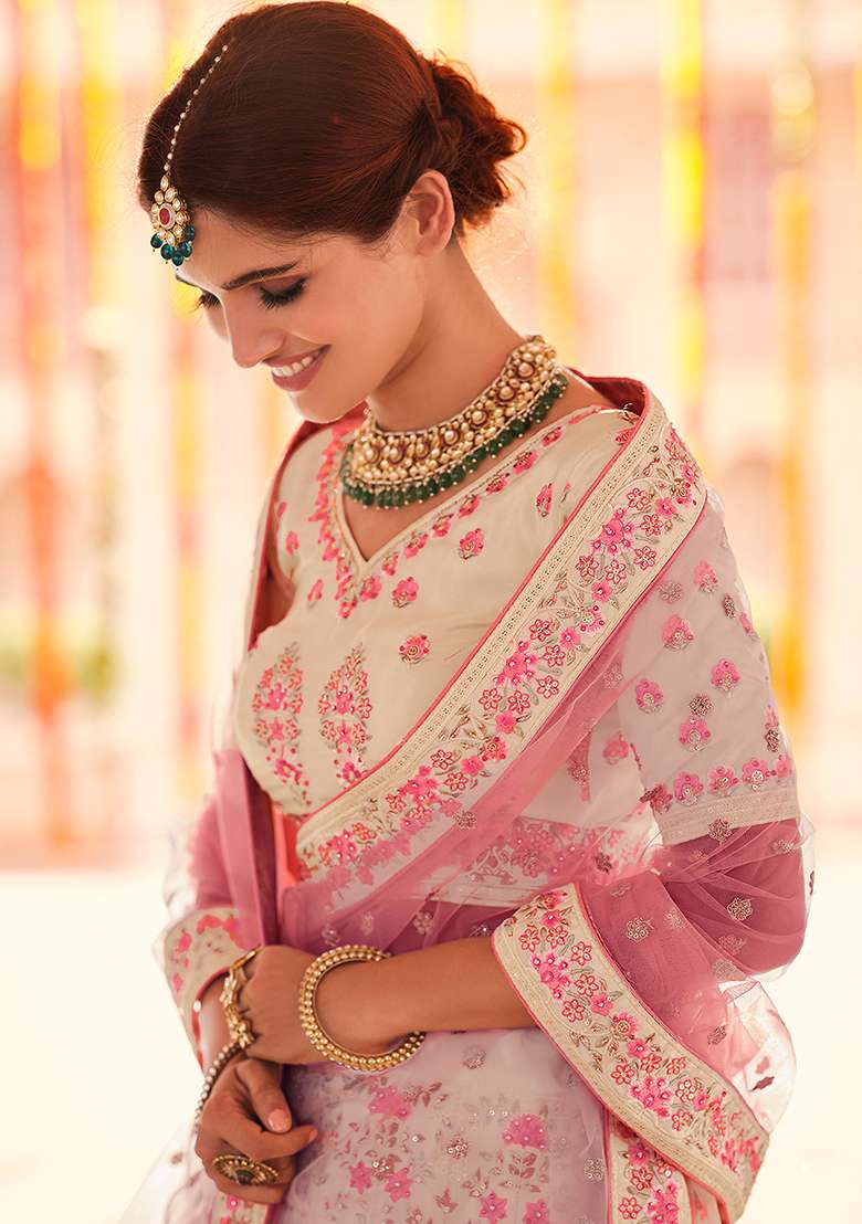 Yellow Thread Embroidered Art Silk Lehenga Set - Indya