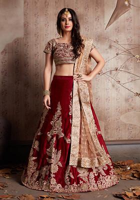 Maroon Embroidered Velvet Silk Lehenga Set