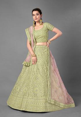 Pista Green Thread Embroidered Soft Net Lehenga Set