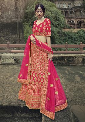 Pink Thread Embroidered Satin Lehenga Set