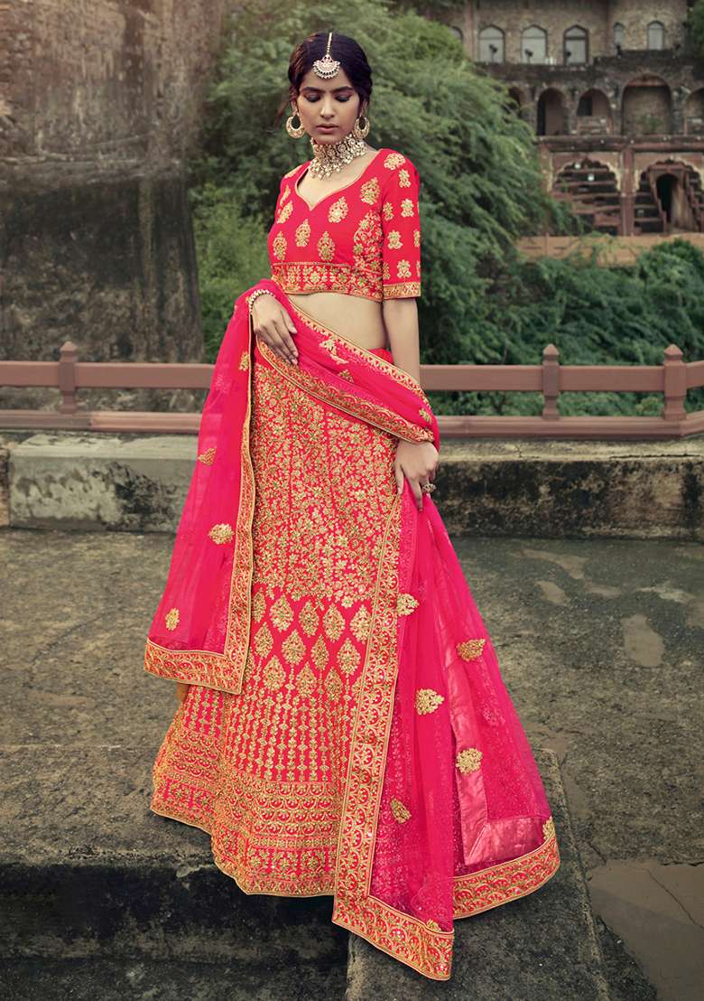 Pink Thread Embroidered Satin Lehenga Set - Indya