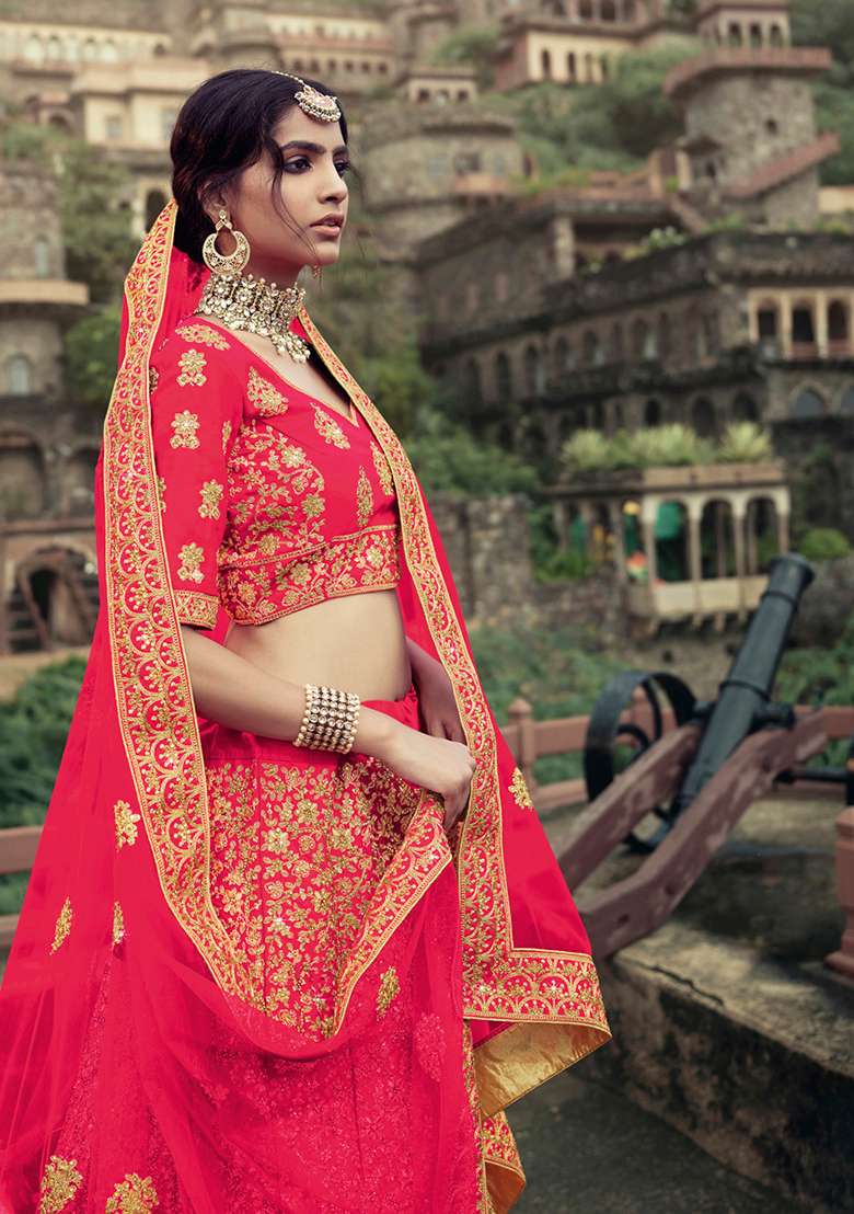 Pink Thread Embroidered Satin Lehenga Set - Indya