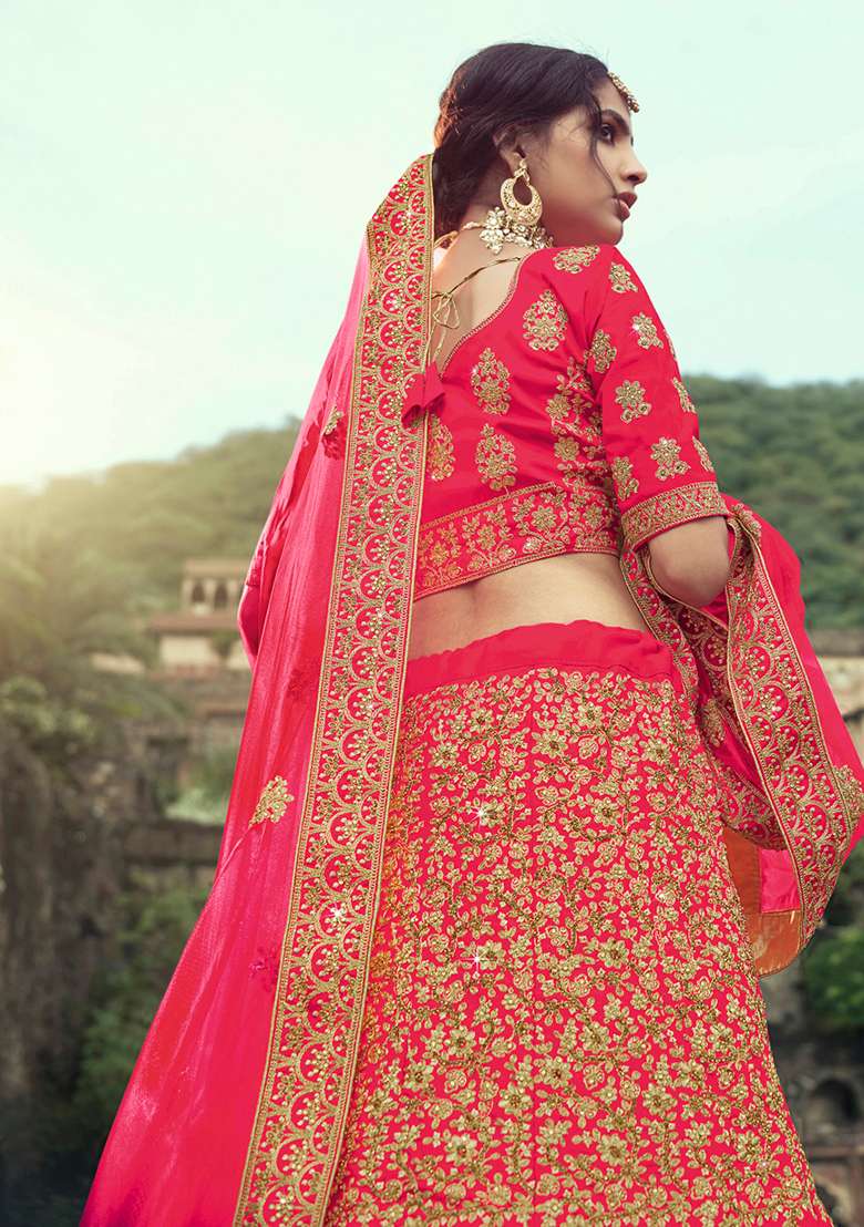 Pink Thread Embroidered Satin Lehenga Set - Indya
