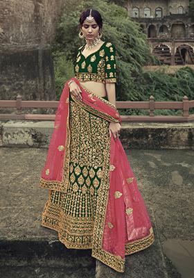 Dark Green Thread Embroidered Satin Lehenga Set
