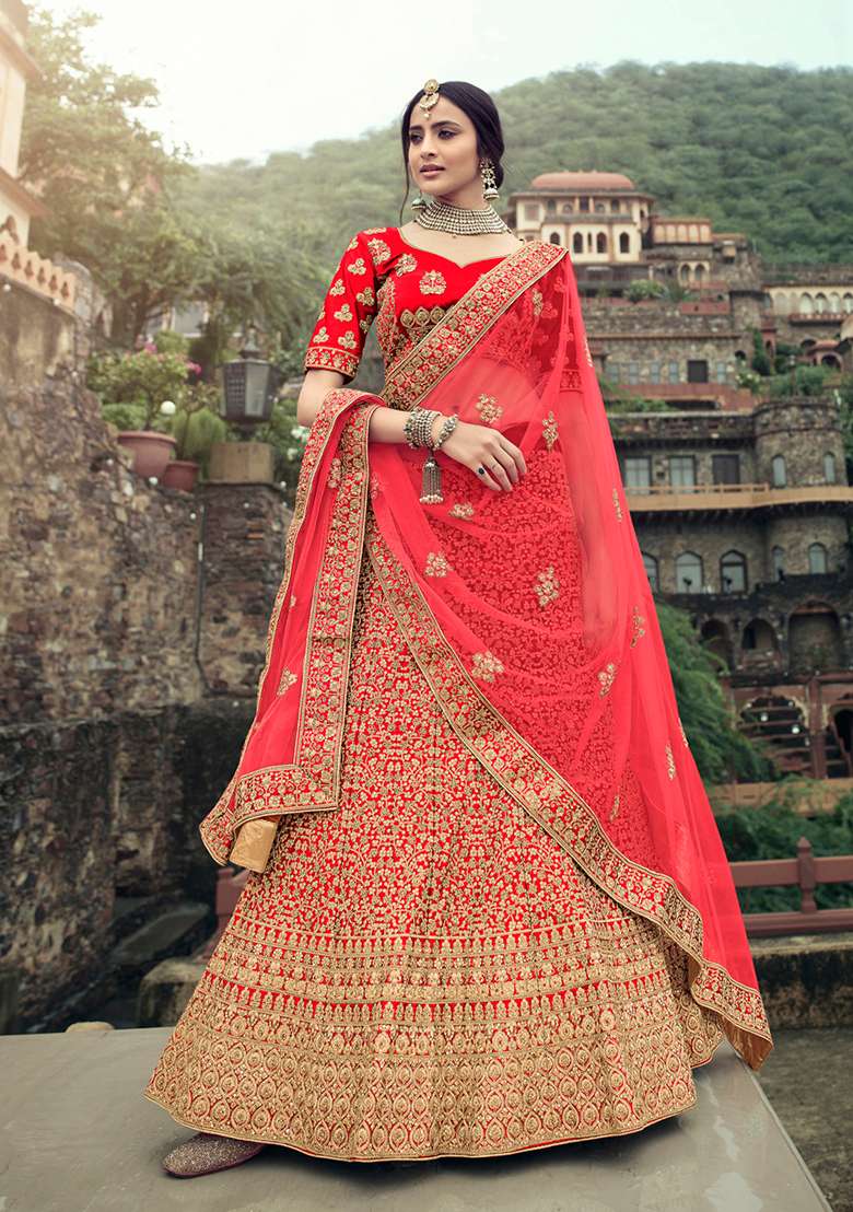 Red Thread Embroidered Satin Lehenga Set - Indya