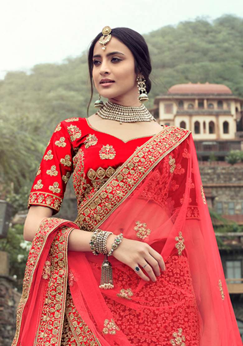 Red Thread Embroidered Satin Lehenga Set - Indya