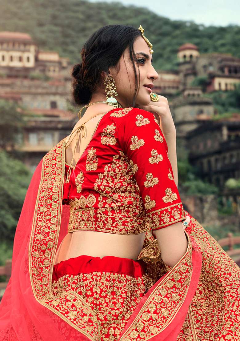 Red Thread Embroidered Satin Lehenga Set - Indya