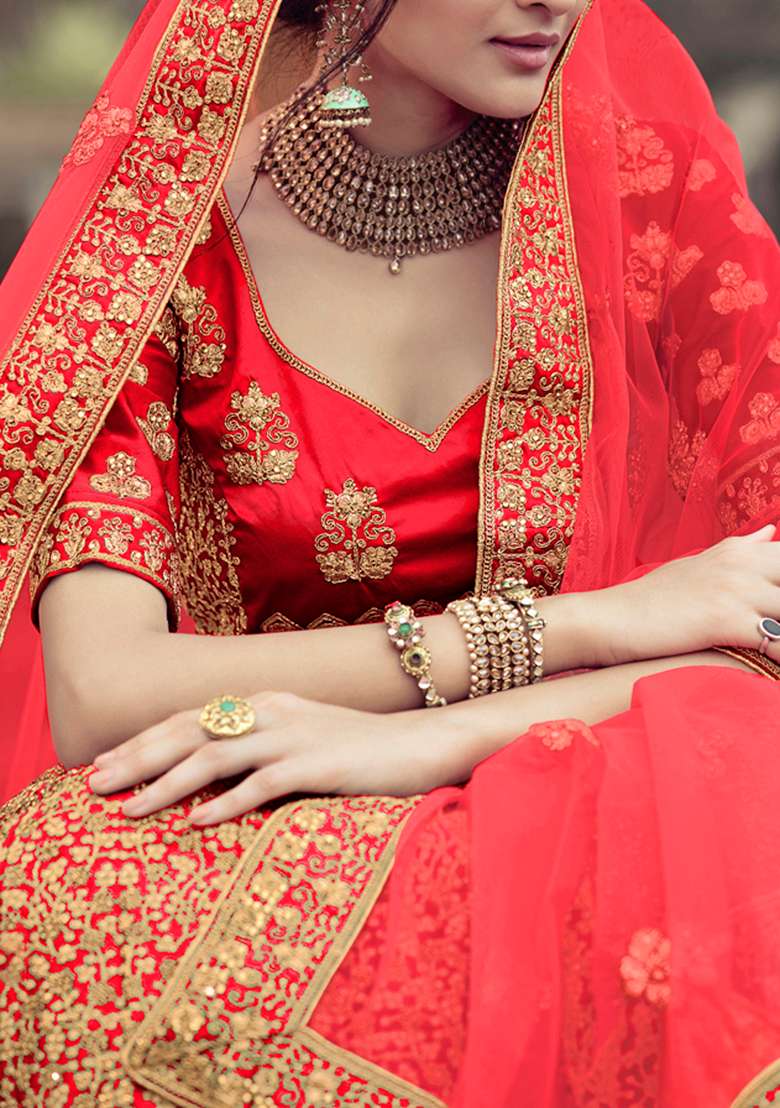 Red Thread Embroidered Satin Lehenga Set - Indya
