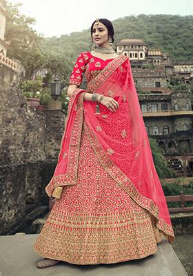 Pink Thread Embroidered Satin Lehenga Set