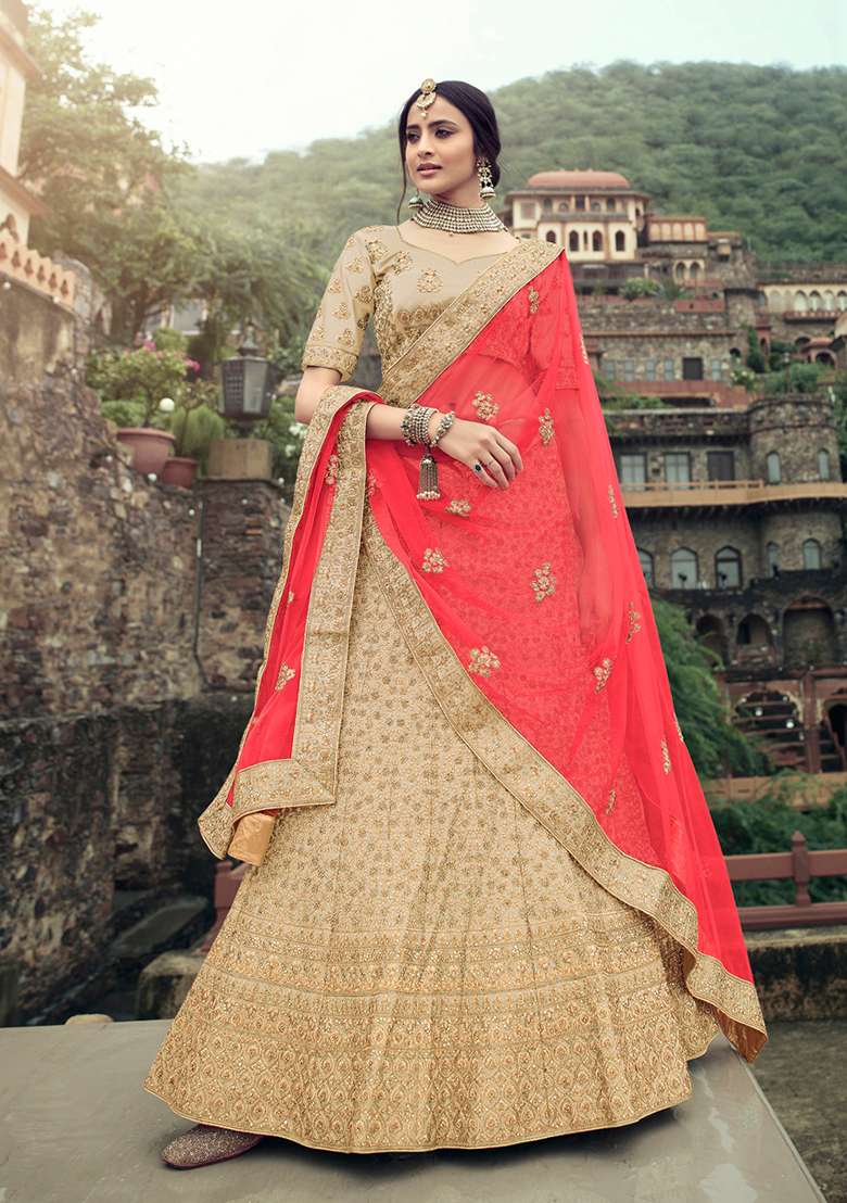 Beige Thread Embroidered Satin Lehenga Set - Indya