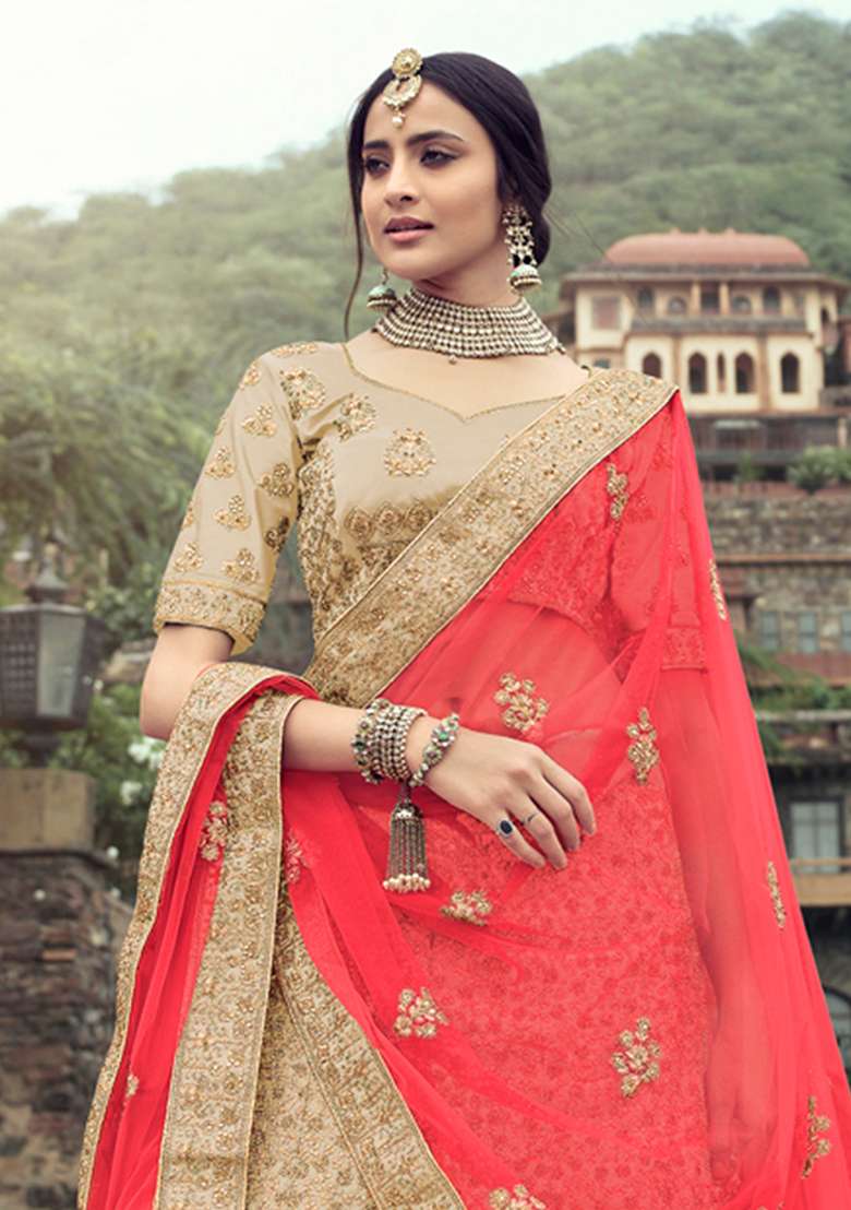 Beige Thread Embroidered Satin Lehenga Set - Indya