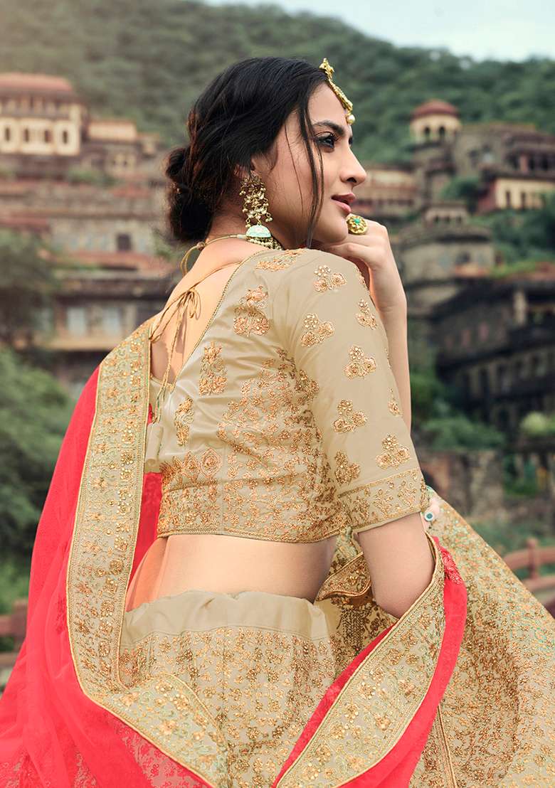 Beige Thread Embroidered Satin Lehenga Set - Indya