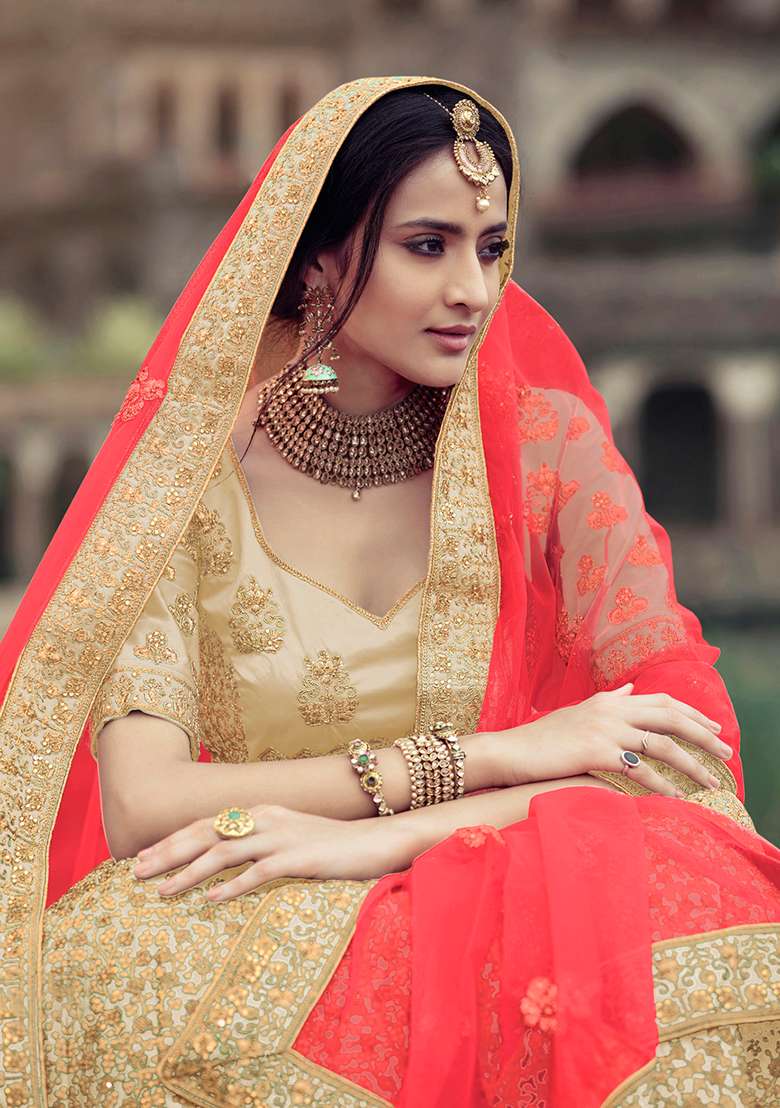 Beige Thread Embroidered Satin Lehenga Set - Indya