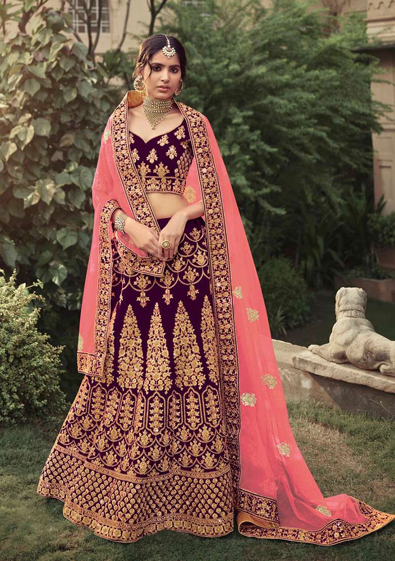 Wine Thread Embroidered Satin Lehenga Set - Indya