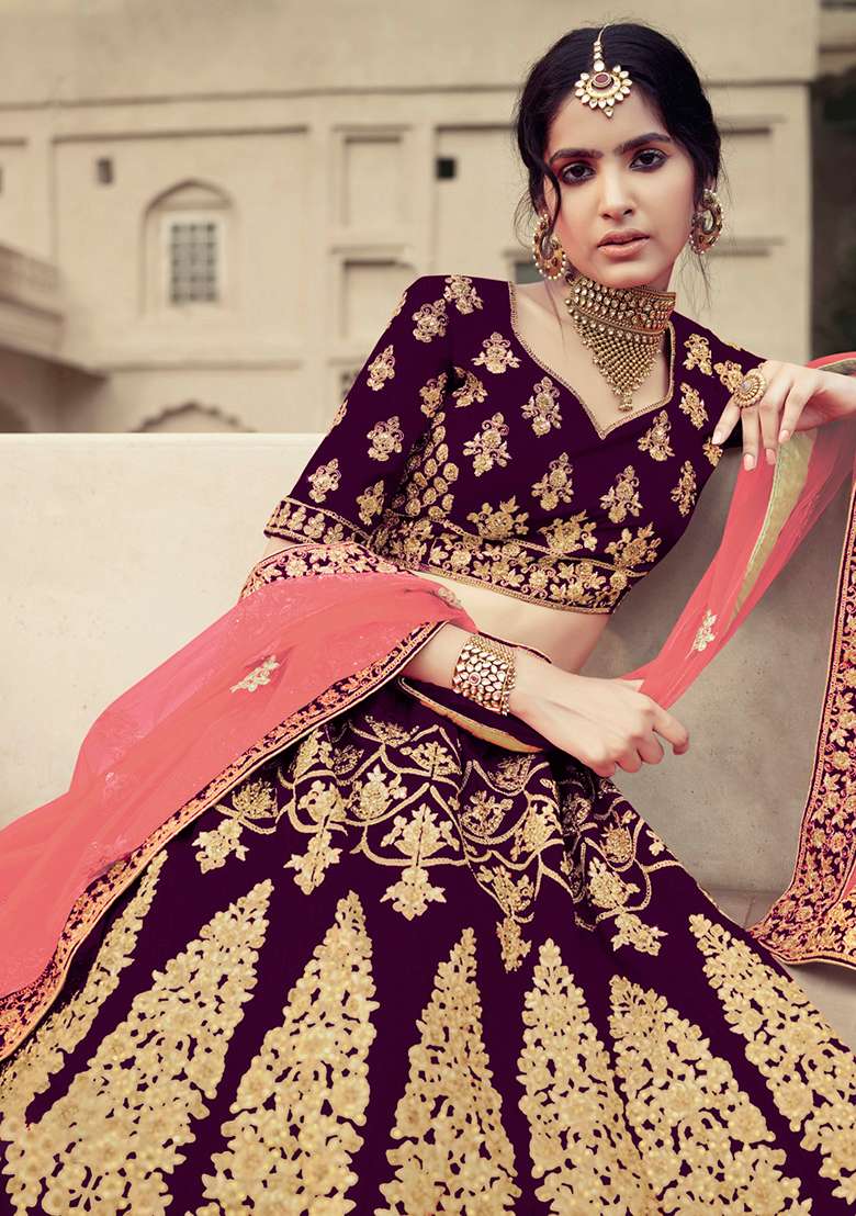 Wine Thread Embroidered Satin Lehenga Set - Indya
