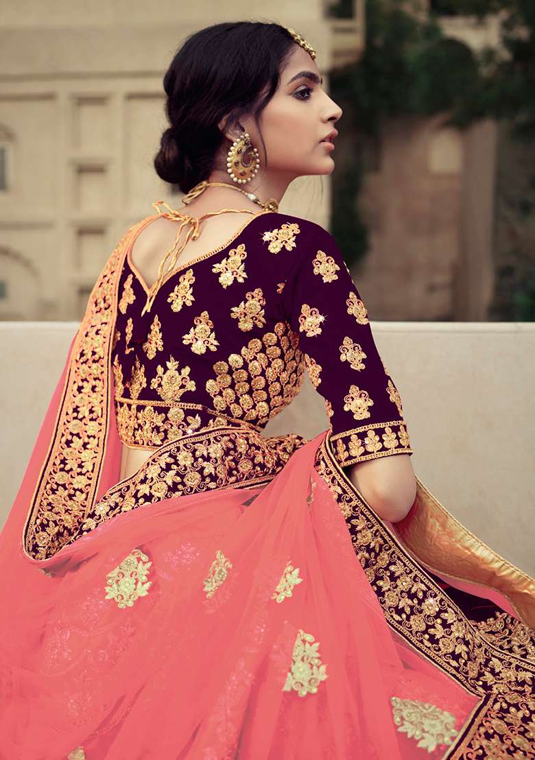 Wine Thread Embroidered Satin Lehenga Set - Indya