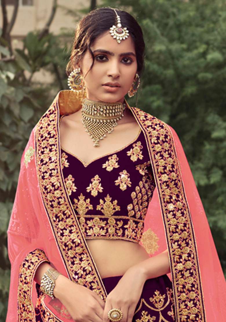 Wine Thread Embroidered Satin Lehenga Set - Indya