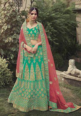 Green Thread Embroidered Soft Net Lehenga Set
