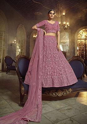 Pink Embroidered Soft Net Lehenga Set