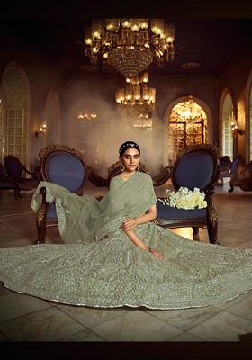 Green Embroidered Soft Net Lehenga Set