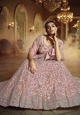 Pink Embroidered Soft Net Lehenga Set